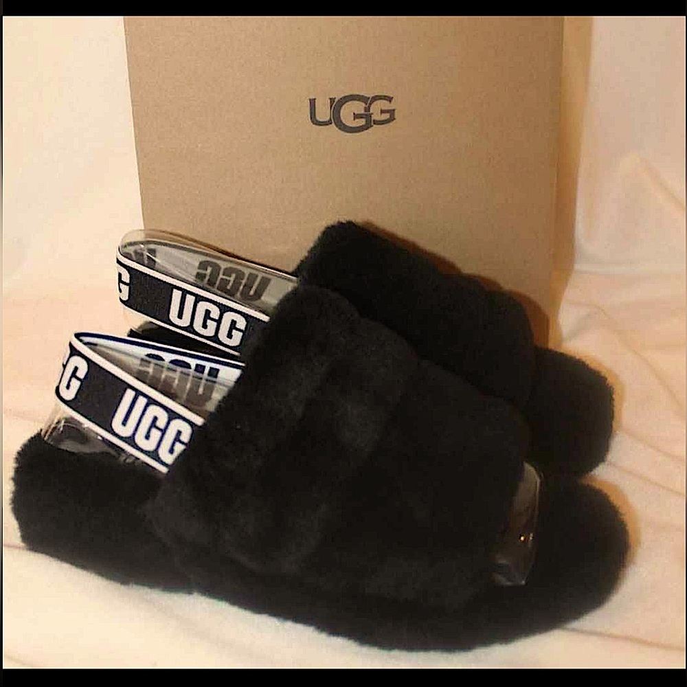 UGG Black Fluffy Slides with Logo Strap